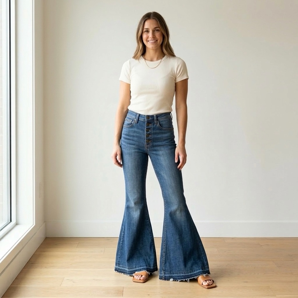Free People We The Free High Rise Button Fly Bell Bottom Flare Jeans Boho 70s